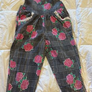 Vintage Kids' Black and White Checkered Overalls with Pink Floral Accents
